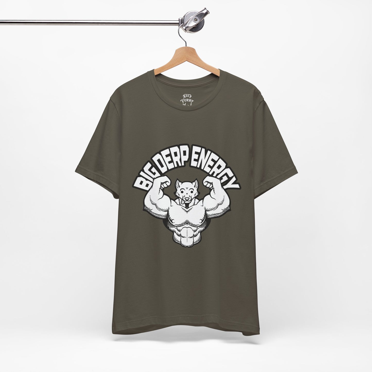 Green t-shirt with a Muscle furry design on a hanger against a white background