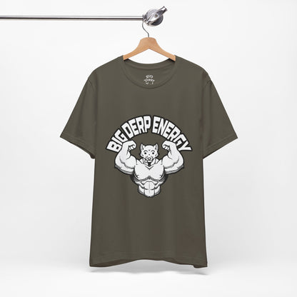 Green t-shirt with a Muscle furry design on a hanger against a white background