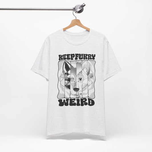 White t-shirt with Keep furry weird design and text on a white background