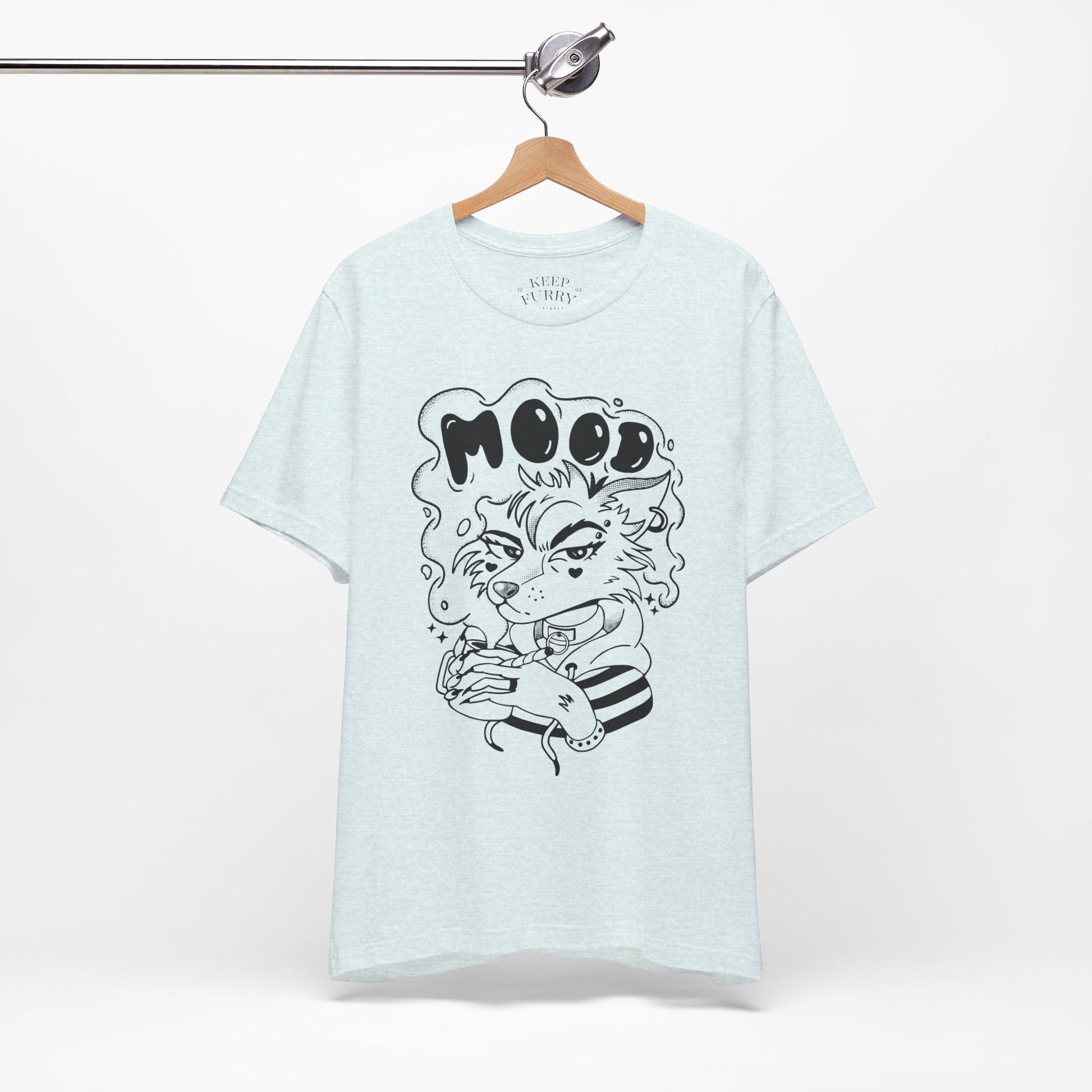 Light blue t-shirt with a Furry design of a cat and 'MOOD' text on a white background