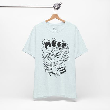 Light blue t-shirt with a Furry design of a cat and 'MOOD' text on a white background
