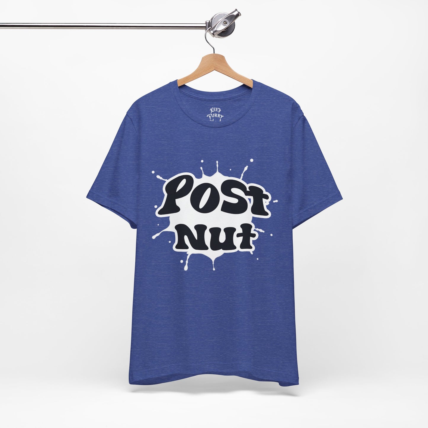 Blue t-shirt with 'Post Nut' graphic on a hanger against a white background