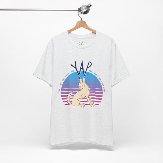 White t-shirt with a graphic of a coyote and 'YAP' text on a hanger against a white background