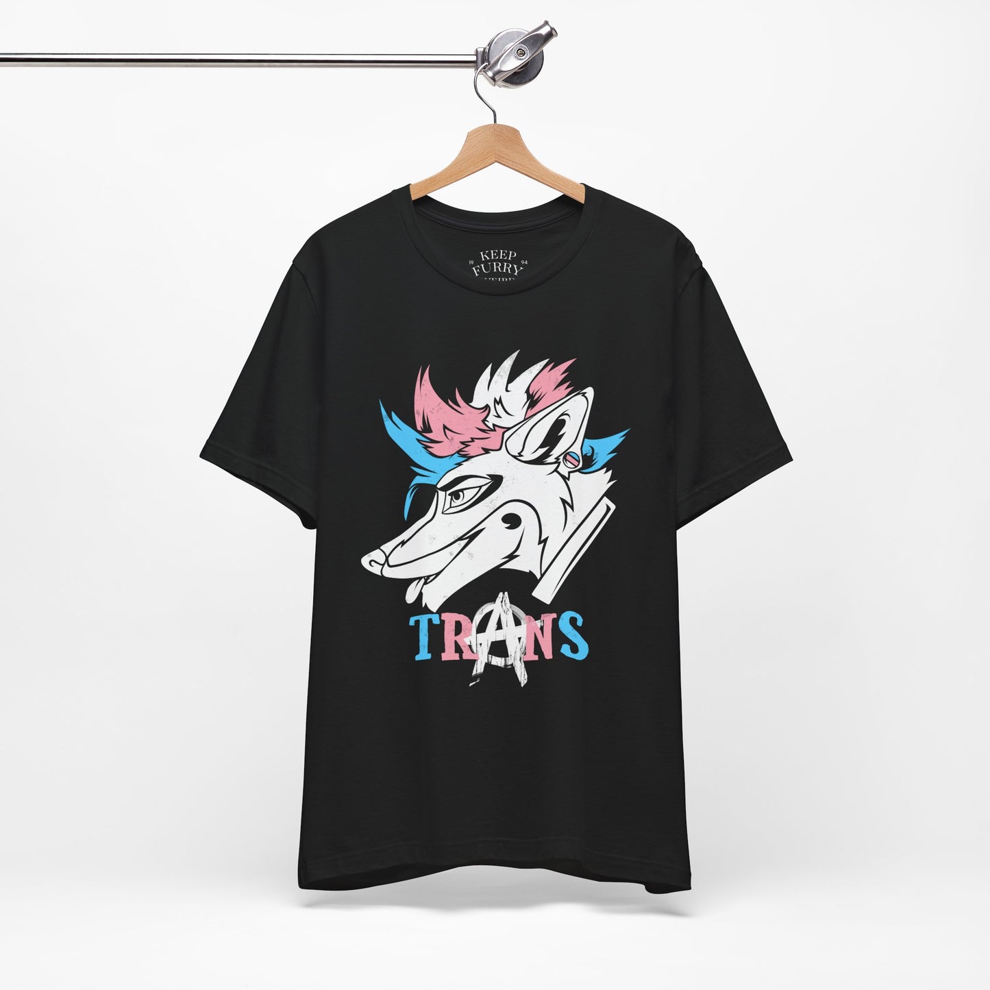 Black t-shirt with a graphic design of a unicorn and 'TRANS' text on a white background