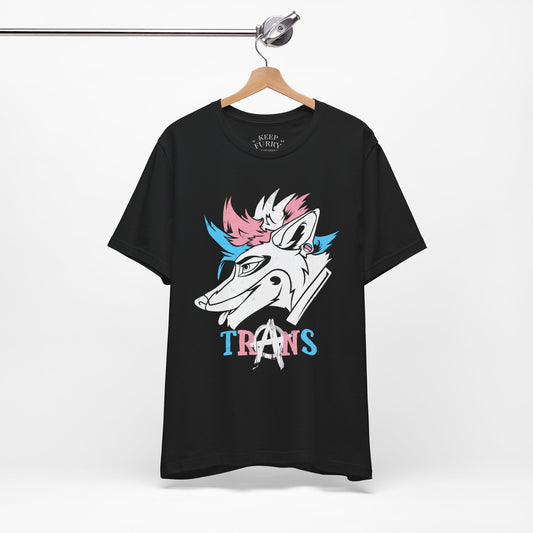 Black t-shirt with a graphic design of a unicorn and 'TRANS' text on a white background