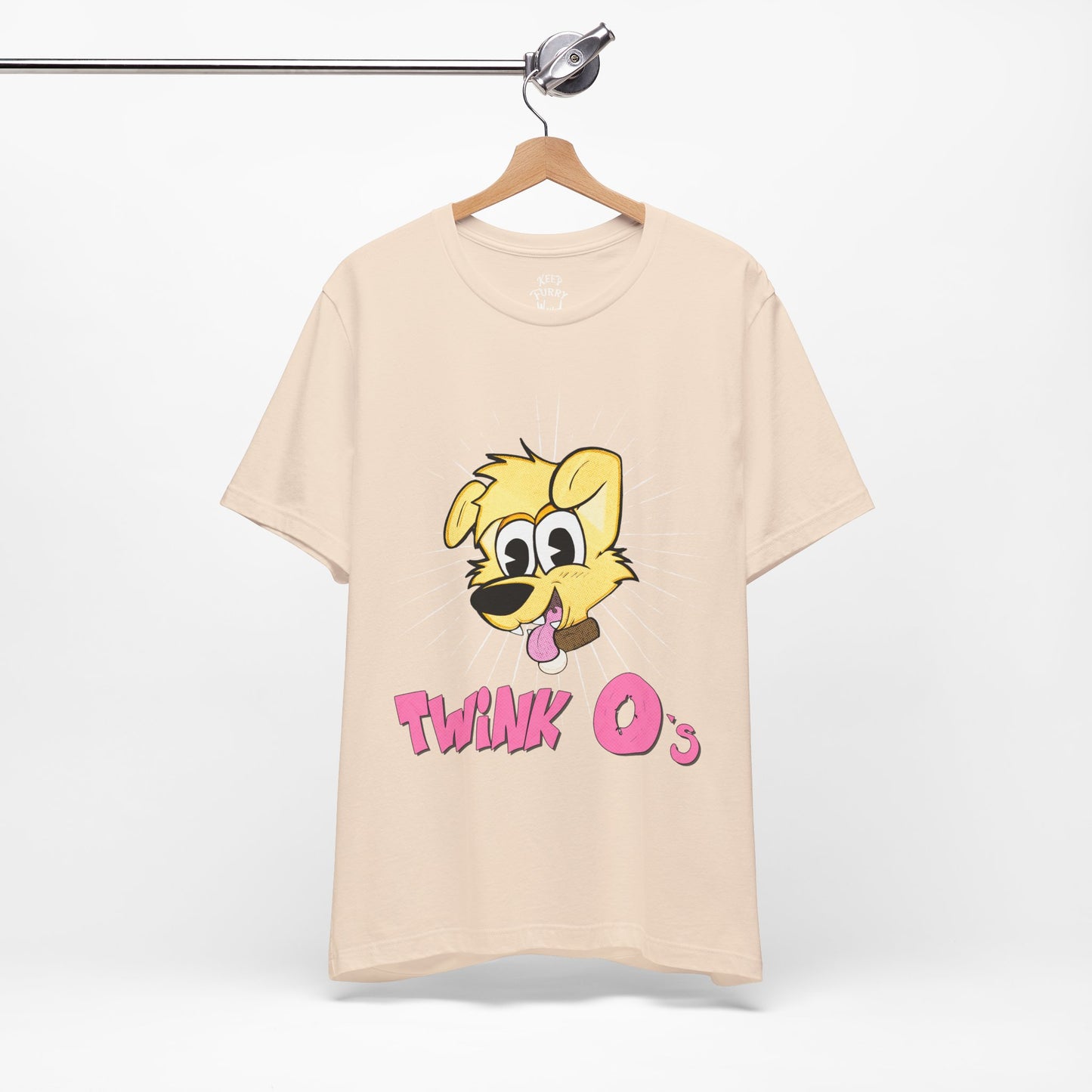 Beige t-shirt with cartoon character and 'TWINK O's' text on a white background