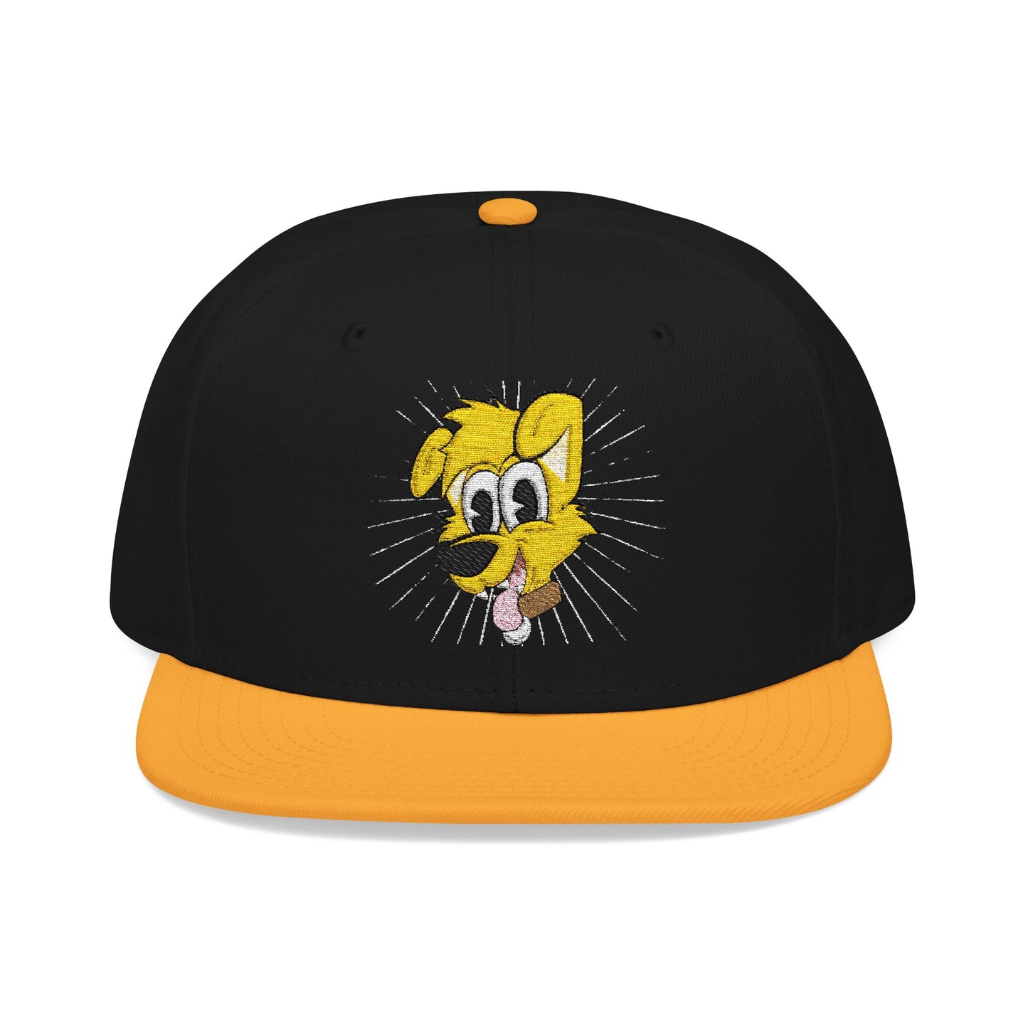 Black and orange cap with a cartoon character face on a white background