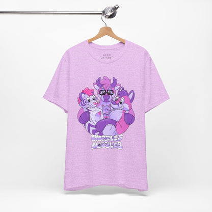 Purple t-shirt with cartoon inflatable furry characters and text on a white background