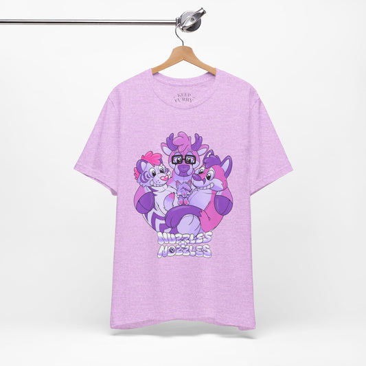 Purple t-shirt with cartoon inflatable furry characters and text on a white background
