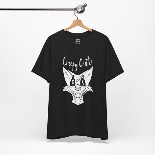 Black t-shirt with creep furry graphic design and text on a hanger against a white background