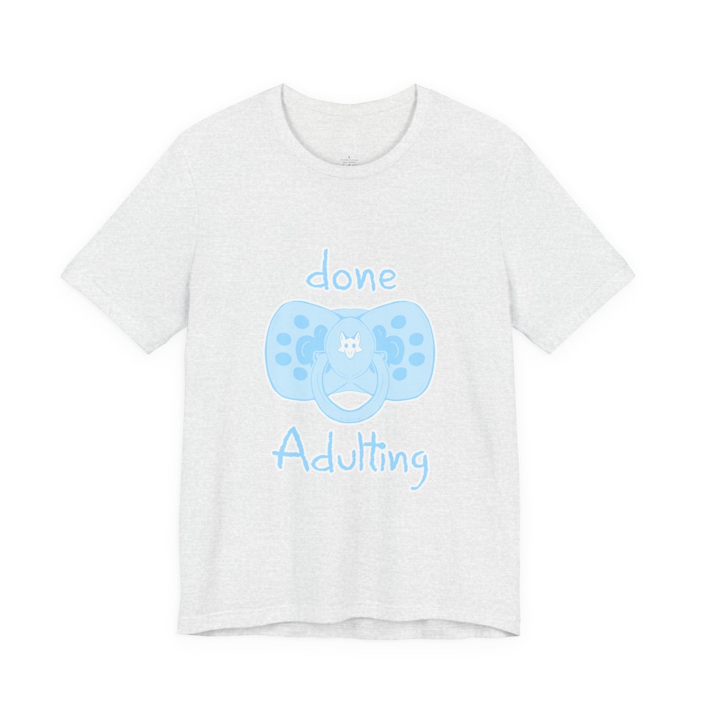 White t-shirt with blue pacifier and text on a white background