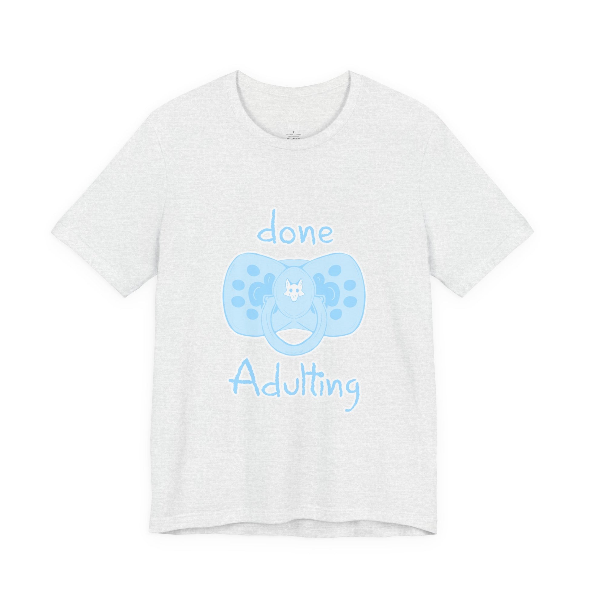 White t-shirt with blue pacifier and text on a white background