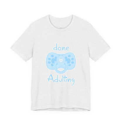 White t-shirt with blue pacifier and text on a white background