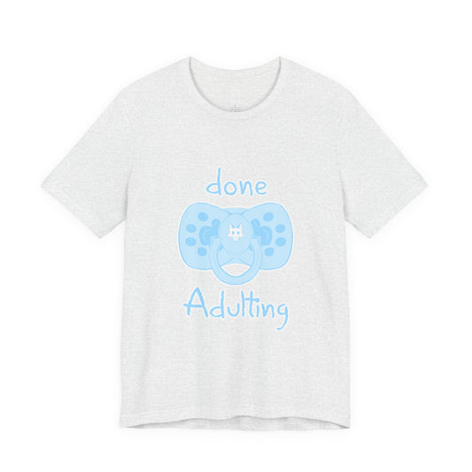 White t-shirt with blue pacifier and text on a white background
